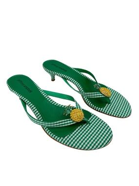 Jeffrey Campbell Pinacolada Pineapple Thong Sandal Kitten Heel Green Gingham 9.5
